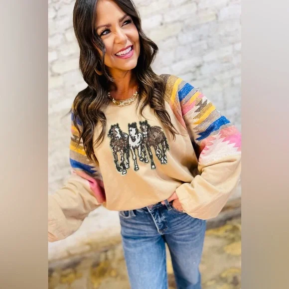 Beige Horse Sequin equestrian rodeo Aztec tribal sleeve sweatshirt pullover - Picture 4 of 7